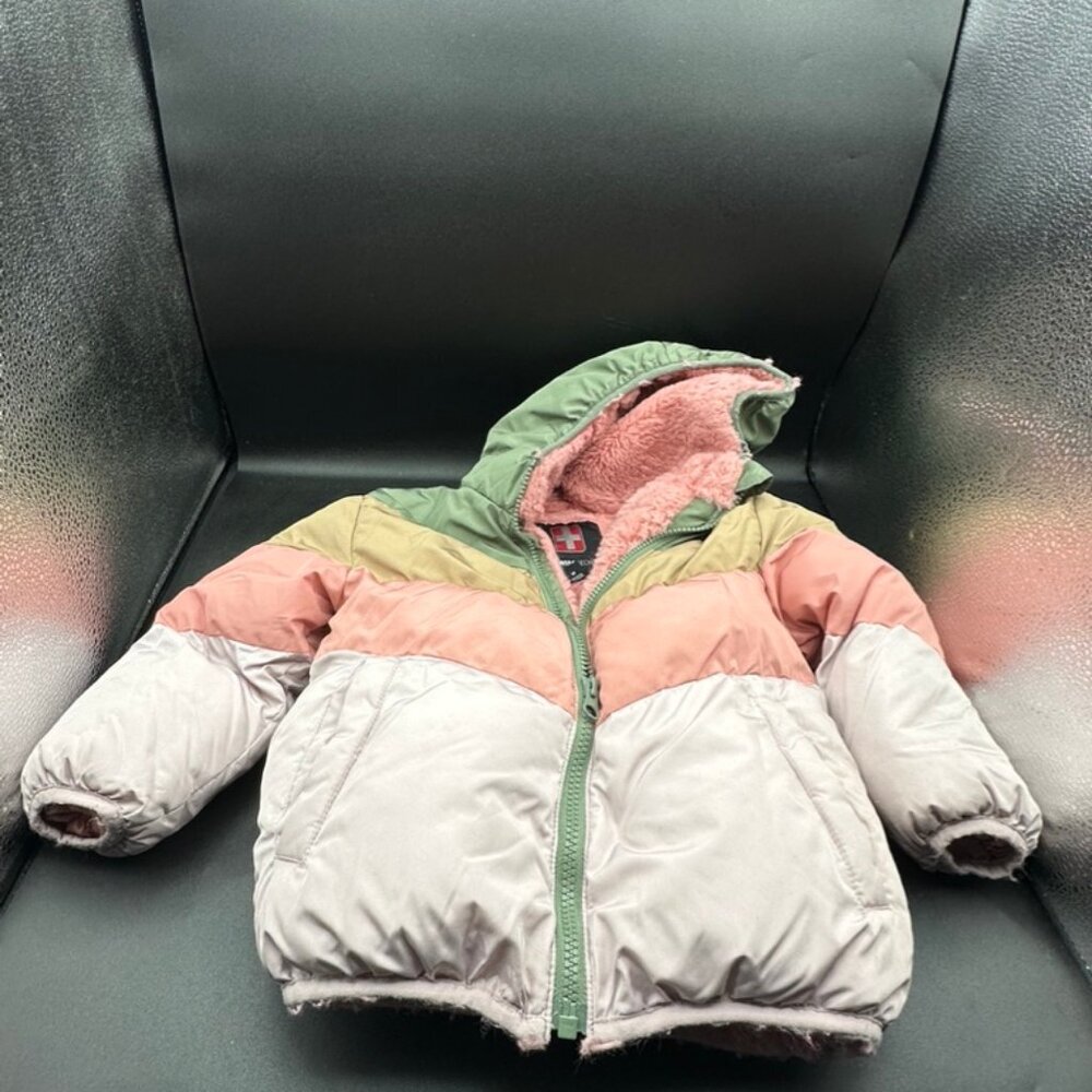 Swiss Tech Green Grey Pink Faux Fur Lined Winter Coat Size 3T Length 16.50 In 14